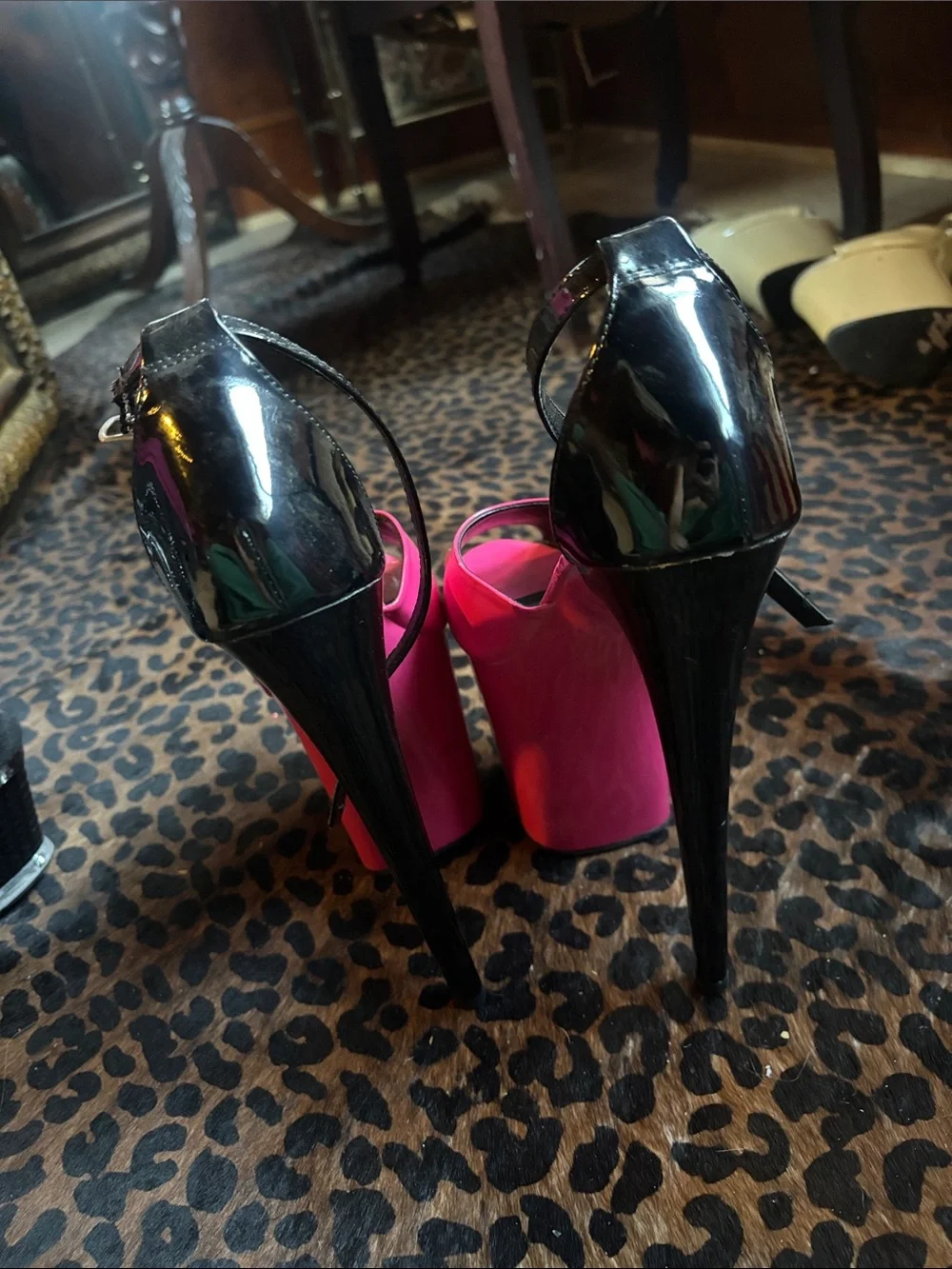 Pleaser Platform Peep-Toe Heels in Hot Pink with Black Ankle Strap 8 Inch